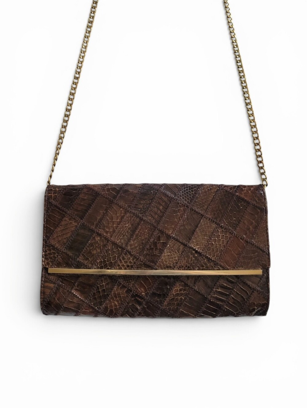 Vintage Snakeskin Patchwork Clutch With Solid Brass Chain Made In Italy